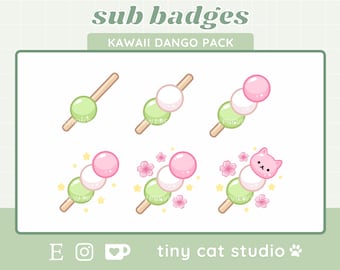 Może przedstawiać: Zestaw sześciu kawaii odznak dango przedstawiających różne wersje japońskiego słodkiego przysmaku. Dango są przedstawione na patyku w kolorze zielonym, białym i różowym. Niektóre odznaki mają dodatkowe detale, takie jak gwiazdki, kwiaty wiśni i uroczą kocią twarz.