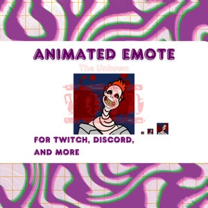 May include: Animated emote featuring a cartoon character with a wide grin and red eyes. The character has a long neck and is wearing a gray shirt. The text "The Unkown" is above the character. The text "FOR TWITCH, DISCORD, AND MORE" is below the character.