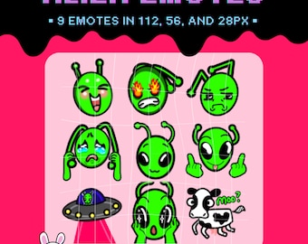 Puede incluir: Nueve ilustraciones de extraterrestres verdes de estilo emoji con diferentes expresiones, incluyendo llorar, guiñar el ojo y estar enojado. Las ilustraciones están en un formato de cuadrícula sobre un fondo rosa. El texto "ALIEN EMOTES" está en la parte superior de la imagen, y el texto "CYBERBUNNYSTUDIOS" está en la parte inferior de la imagen.
