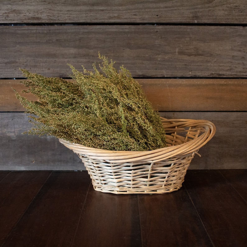 May include: A wicker basket, filled with dried green and tan floral stems. The oval-shaped basket sits on a dark wood surface, with a wooden plank backdrop. The basket is made of woven wicker.
