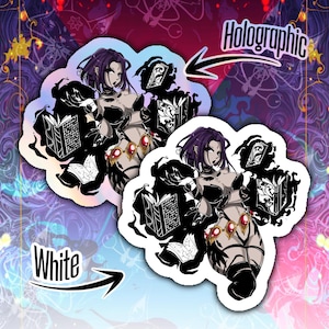 Op de afbeelding: Twee gestanste stickers met een personage met paars haar in een zwarte outfit, omringd door zwevende boeken. De ene sticker heeft een holografische afwerking en de andere een witte afwerking. De tekst Holographic en White wijst naar elke versie.