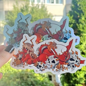 Könnte beinhalten: Holografische Aufkleber mit einem roten Dämonencharakter mit Hörnern, einem Schwanz und einem Stab, umgeben von Totenköpfen und Goldmünzen. Die Aufkleber haben ein glänzendes, irisierendes Finish im Cartoon-Stil.