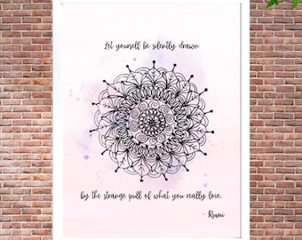 Hand-Drawn Mandala Art Print with Pink Watercolor • “Let Yourself Be Silently Drawn” Inspirational Quote • Printable Wall Art