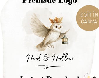 Autumn Owl Logo Design, DIY Premade Editable Canva Template, Woodland Boho Small Business and Shop Branding