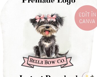 Dog Logo Design, DIY Premade Editable Canva Template, Boutique Pink Bows Puppy Small Business and Shop Branding