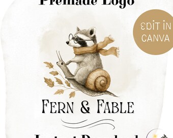 Autumn Raccoon Logo Template – Premade Editable Canva Logo, Woodland Small Business Branding, Boho Rustic Nature Logo Design