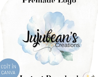 Blue Watercolor Flower Logo Design, DIY Premade Editable Canva Template, Boutique Floral Wedding Small Business and Shop Branding