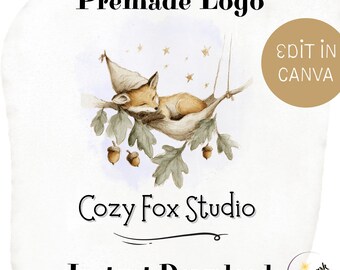 Autumn Fox Logo Design, DIY Premade Editable Canva Template, Boutique Sleepy Woodland Boho Small Business and Shop Branding
