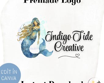 Mystical Mermaid Logo • Watercolor Ocean Premade Logo • Feminine Fantasy Branding for Small Business • Editable Canva Template