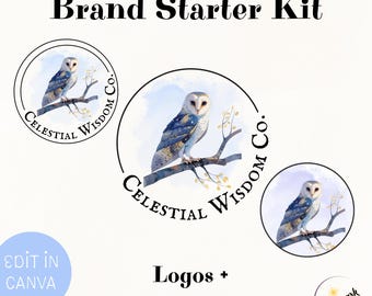 Celestial Owl Logo Kit | Watercolor Branding Set | Small Business | Etsy Shop Logo | Blue Owl Logo | Brand Starter Kit