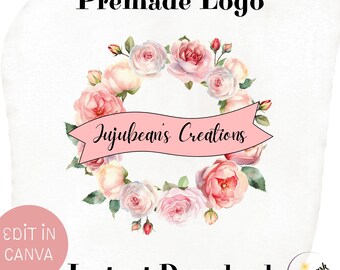 Floral Wreath With Banner Logo Design, DIY Premade Editable Canva Template, Boutique Flower Wedding Small Business and Shop Branding