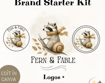 Autumn Raccoon Logo Set Design, DIY Premade Editable Canva Template, Snail Woodland Boho Small Business and Shop Branding Kit