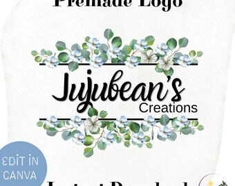 Flower Frame Logo Design, DIY Premade Editable Canva Template, Boutique Blue Floral Foliage Wedding Small Business and Shop Branding