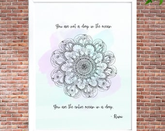 Hand-Drawn Mandala Art Print with Blue Watercolor • “You Are the Entire Ocean in a Drop” Inspirational Quote • Printable Wall Art