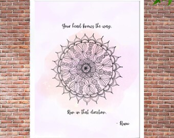 Hand-Drawn Mandala Art Print with Watercolor • “Your Heart Knows the Way” Inspirational Quote • Printable Wall Art for Home & Office