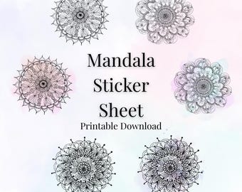 Hand-Drawn Mandala Stickers 1 Inch Round Planner Stickers Mixed Line Art and Watercolor Printable PDF for Journals and Scrapbooking