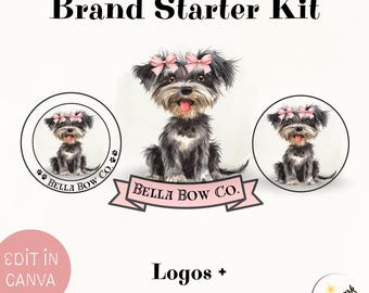 Dog Logo Set Design, DIY Premade Editable Canva Template, Boutique Pink Bows Puppy Small Business and Shop Branding Kit