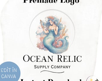 Vintage Mermaid Pin-Up Girl Logo | Retro Ocean Brand Logo Design | Nautical Pinup Logo | Premade Logo Design | Editable Canva Template