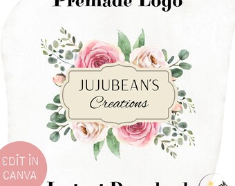 Floral Logo Design, DIY Premade Editable Canva Template, Boutique Pink Floral Plaque Wedding Small Business and Shop Branding