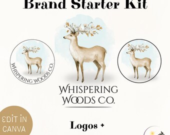 Autumn Deer Logo Set Design, DIY Premade Editable Canva Template, Boutique Buck Woodland Boho Small Business and Shop Branding Kit