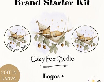 Autumn Fox Logo Set Design, DIY Premade Editable Canva Template, Boutique Sleepy Woodland Boho Small Business and Shop Branding Kit