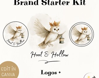 Autumn Owl Logo Set Design, DIY Premade Editable Canva Template, Woodland Boho Small Business and Shop Branding Kit