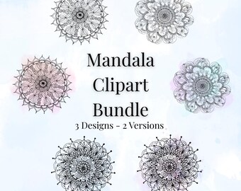 Hand-Drawn Mandala Clipart Bundle 3 PNG Mandalas, Line Art + Watercolor Splash for Digital Design, Stickers, T-Shirts, Mugs