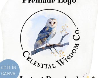 Celestial Owl Logo • Starry Autumn Branch Logo • Mystical Premade Branding for Small Business • Editable Canva Template