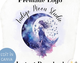 Celestial Fairy Logo • Watercolor Moon and Stars Logo • Mystical Feminine Logo for Small Business • Editable Premade Canva Template