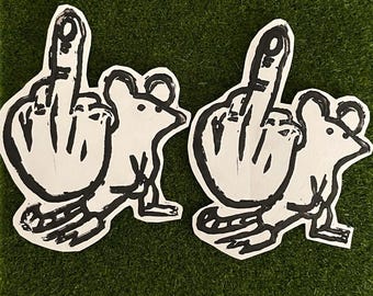 Linocut Rat Sticker | Funny silly rat giving the middle finger