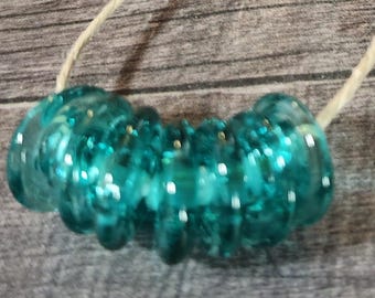 Tiny Teal Glass Discs, Handmade Lampwork Glass Beads for Jewelry Set of 7
