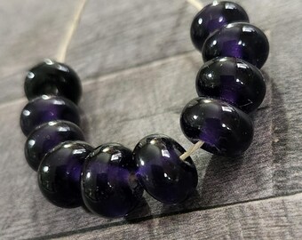 Glass Beads, Very Dark Purple Spacers, Handmade Lampwork Beads for Jewelry, SRA, Set of 10
