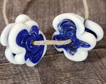 Mini Navy and White Flower Glass Discs, Handmade Lampwork Glass Beads for Jewelry Set of 4