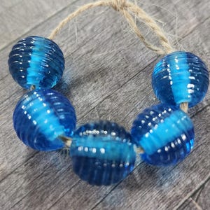 Glass Beads, Aqua Ribbed Round Beads, Handmade Lampwork Beads for Jewlery