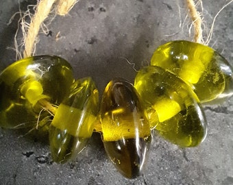 Olive Green Saucers, Handmade Lampwork Glass Beads Set of 5