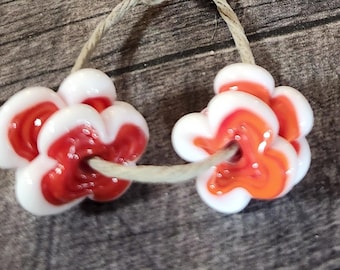 Mini Red and White Flower Glass Discs, Handmade Lampwork Glass Beads for Jewelry Set of 4