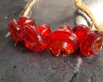 Red Orange Lampwork Glass Buttons, Handmade Buttons, Set of 4, Glass Shank