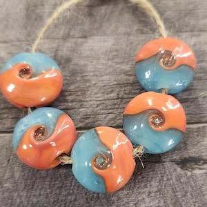 Coral and Blue Wave Tabs, Handmade Lampwork Glass Beads for Jewelry SRA Set of 5