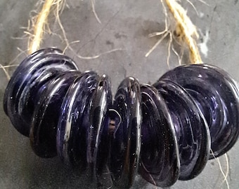 Dark Purple Transparent Glass Discs, Handmade Lampwork Glass Beads for Jewelry Set of 10