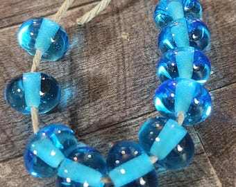 Glass Beads, Aqua Spacers, Handmade Lampwork Beads for Jewelry, SRA, Set of 10