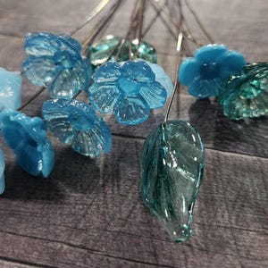 Glass Bouquet, Set of 10 Blue Teal Glass Floral Head Pins and 2 Leaves
