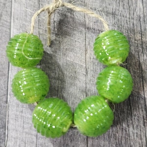 Glass Beads, Spring Green Ribbed Round Beads, Handmade Lampwork Beads for Jewlery