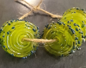 Ancient Green Glass Discs, Handmade Lampwork Glass Beads Set of 5, Glass Beads for Jewelry