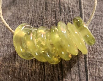 Tiny Moss Glass Discs, Handmade Lampwork Glass Beads for Jewelry Set of 7
