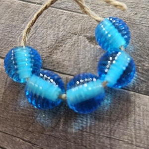 Glass Beads,Light Aqua Ribbed Round Beads, Handmade Lampwork Beads for Jewlery