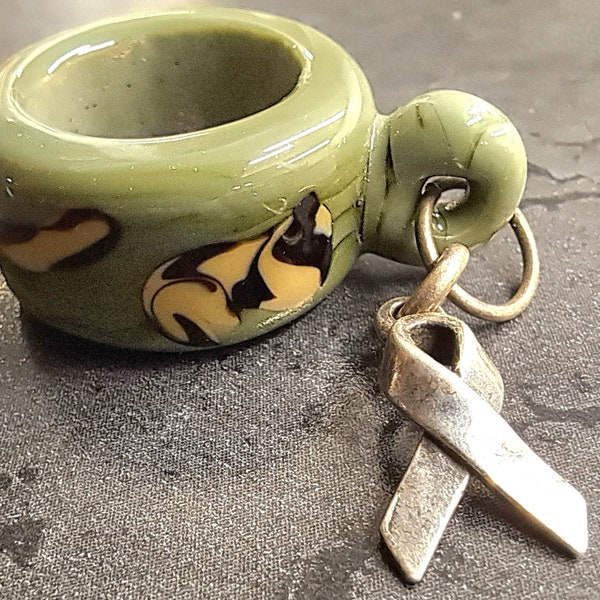 Camo Handmade Lampwork, Large Hole Bead with Ribbon Charm, Dread Bead, Lampwork Focal, Hair Bead