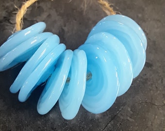 Creamy Blue Glass Discs, Handmade Lampwork Glass Beads for Jewelry Set of 10
