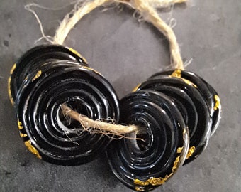 Black and Gold Large Hole Glass Discs, Handmade Lampwork Glass Beads Set of 6, Glass Beads for Jewelry