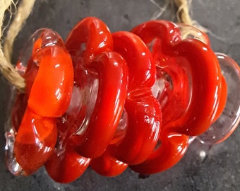 Red Flower Glass Discs, Handmade Lampwork Glass Beads for Jewelry Set of 5