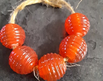Glass Beads, Strawberry Transparent Ribbed Round Beads, Handmade Lampwork Beads for Jewlery